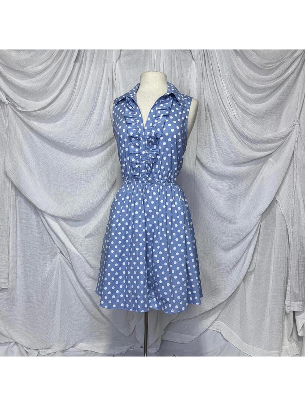 Preppy Vintage 50s Style Classic Blue Polka Dot Sleeveless Midi Dress (XL)